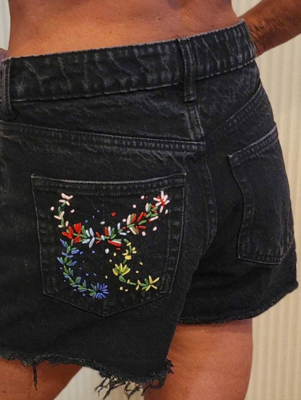 H&M Black Denim Shorts with Colorful Floral Embroidery